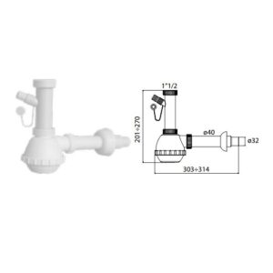 SIFONE PP 1"1/2 - 1"1/4 x 32-40 1 VIA UNIVERSALE S/PILETTA C/ATTACCO LAVATRICE