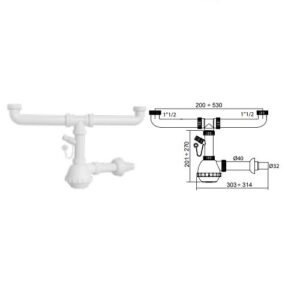 SIFONE PP 1"1/4 -1"1/2 x 32-40 LAVELLO FIASCO 2 VIE UNIVERSALE S/PILETTE C/ATTACCO LAVATRICE